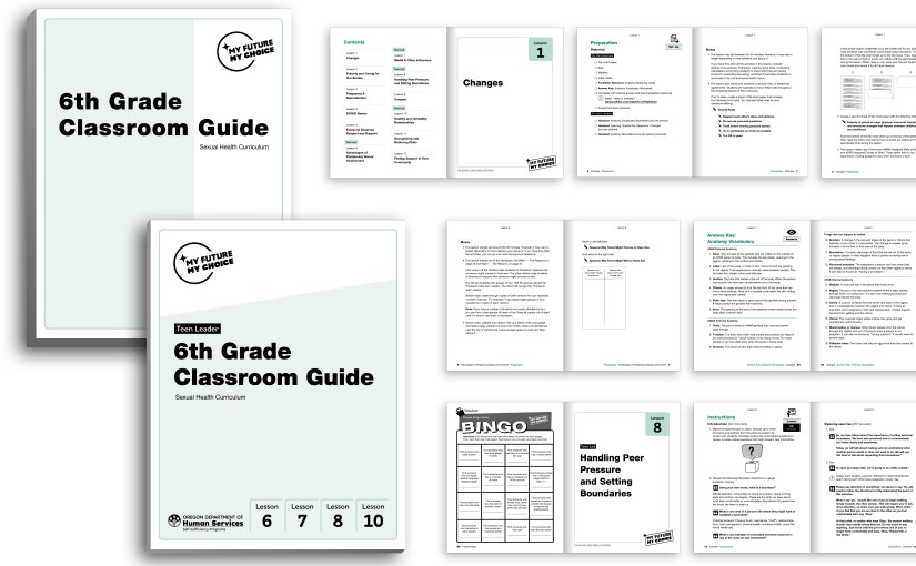 Covers and inside spreads of My Future My Choice Sexual Health Curriculum.
